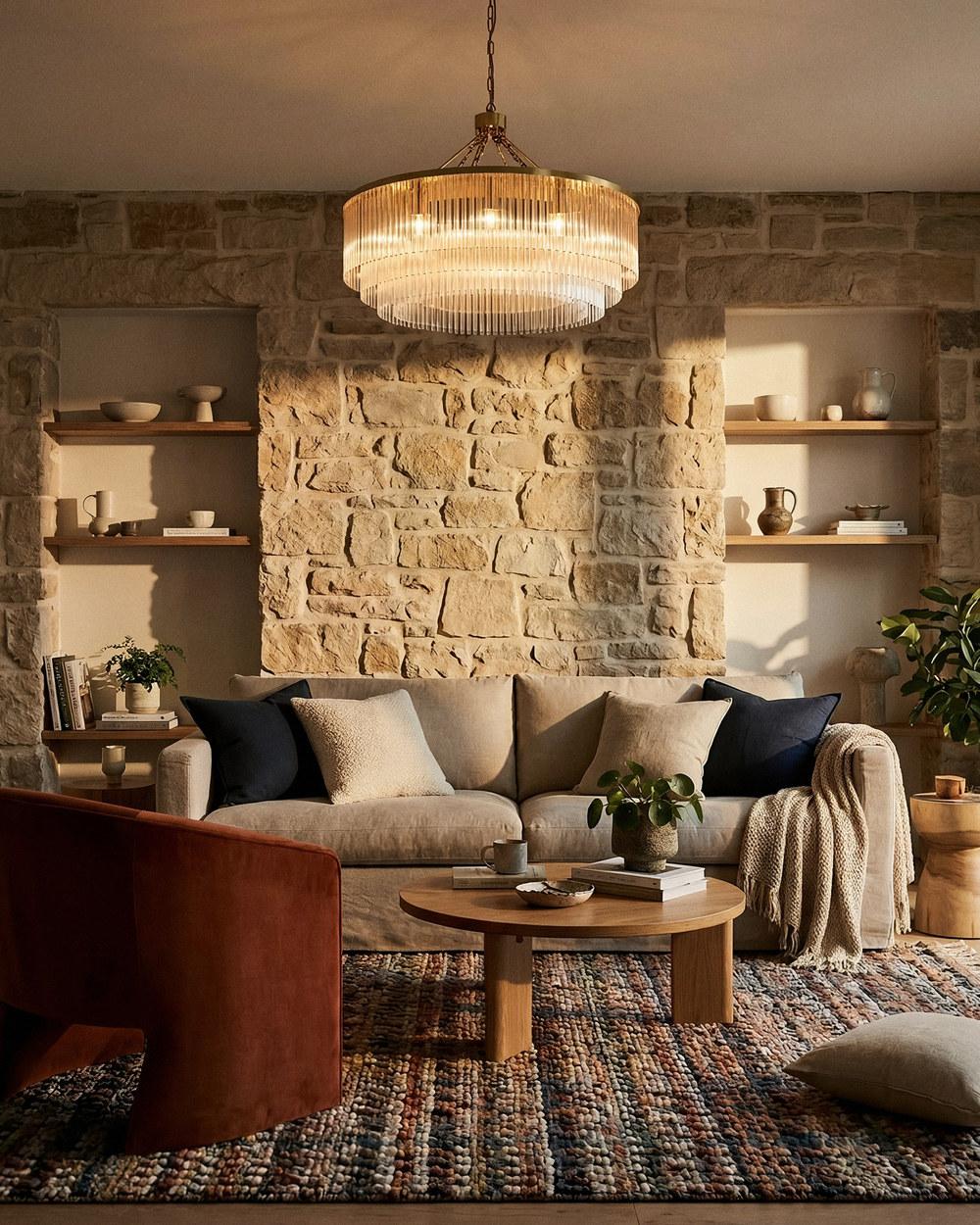 Evangeline large 90cm satin brass chandelier in a stone-walled living room
