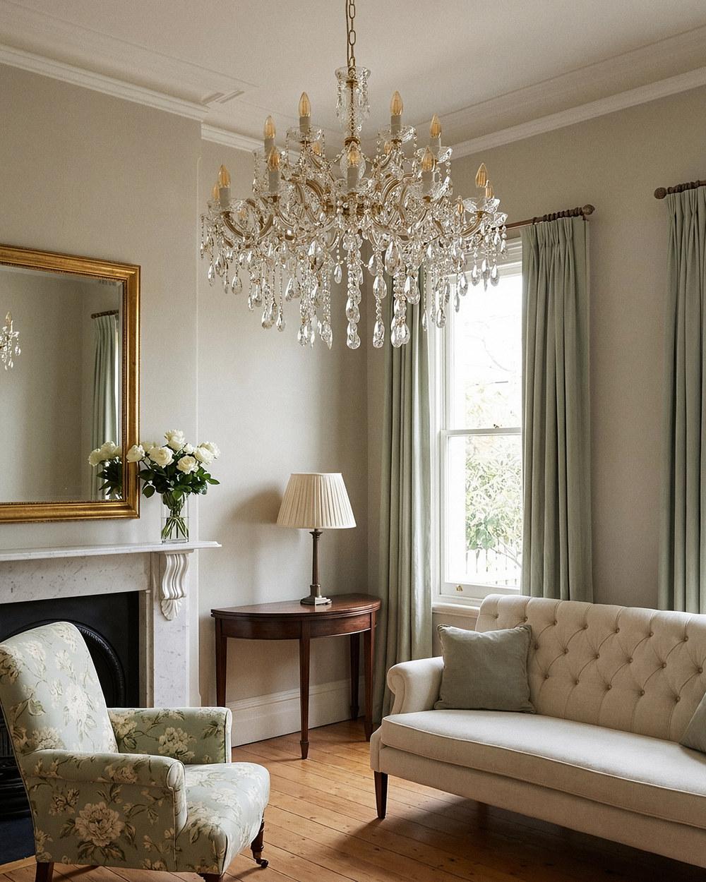 Zurich 18 light crystal glass chandelier in gold in a heritage sitting room