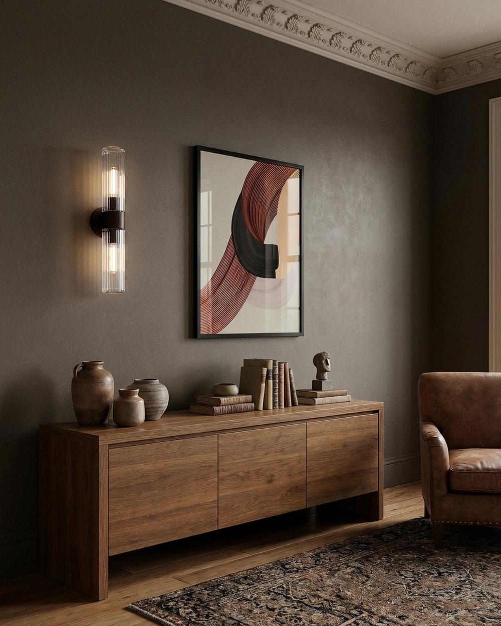 Elmsford contemporary ribbed-glass twin wall light in antique brass