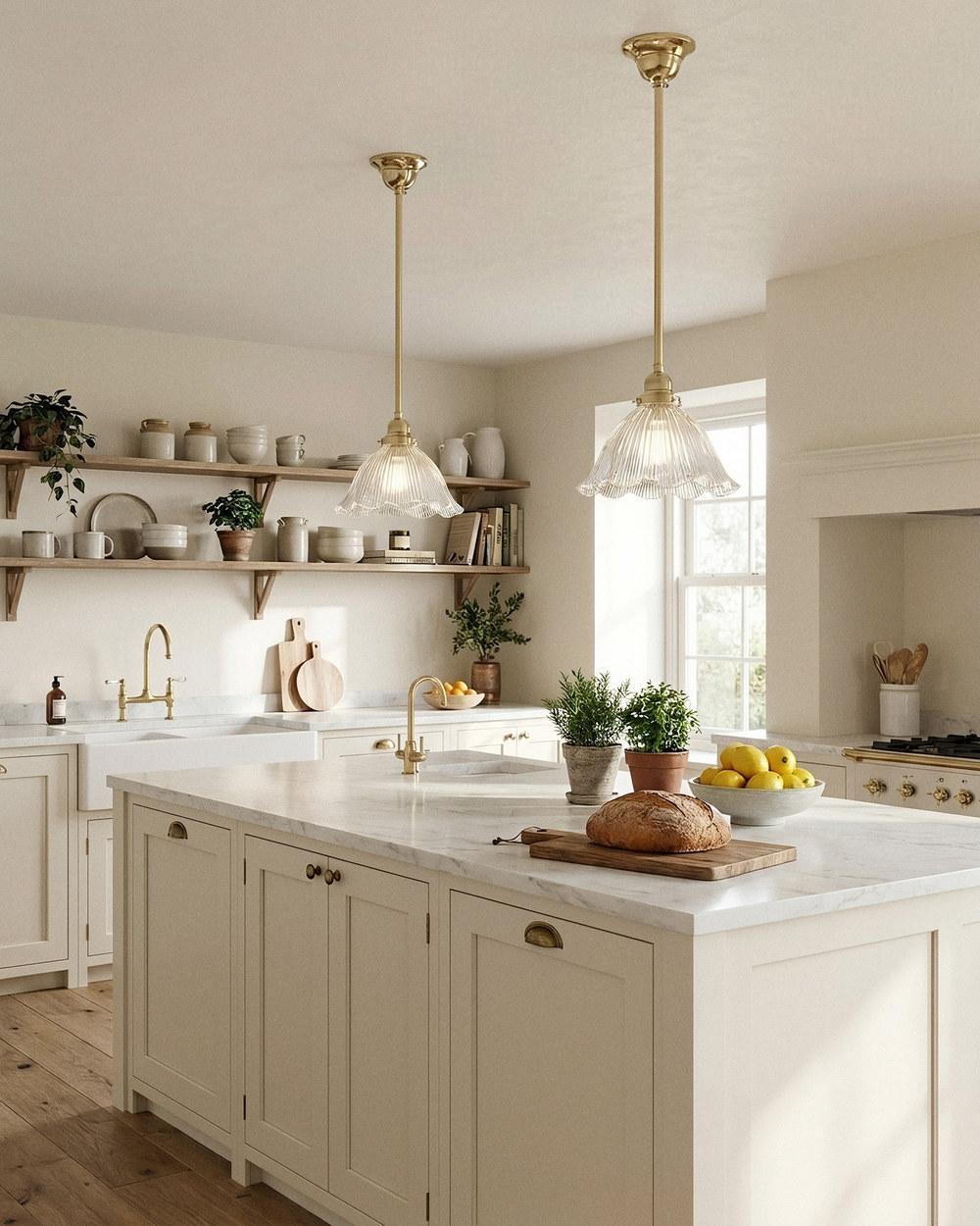 Ribbed hallophane pendants on brass over a kitchen island
