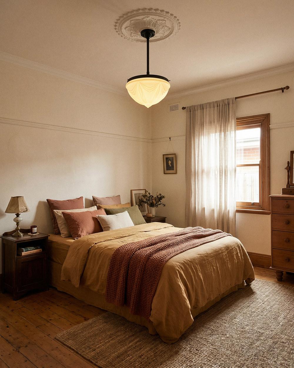 Empire opal glass pendant on a rod set in patina in a bedroom