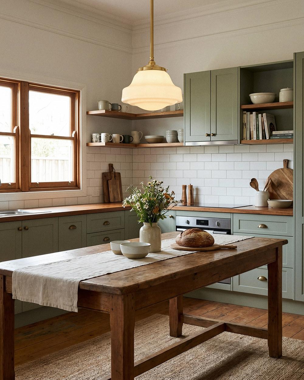 Lincoln schoolhouse pendant on a solid-brass rod in a kitchen