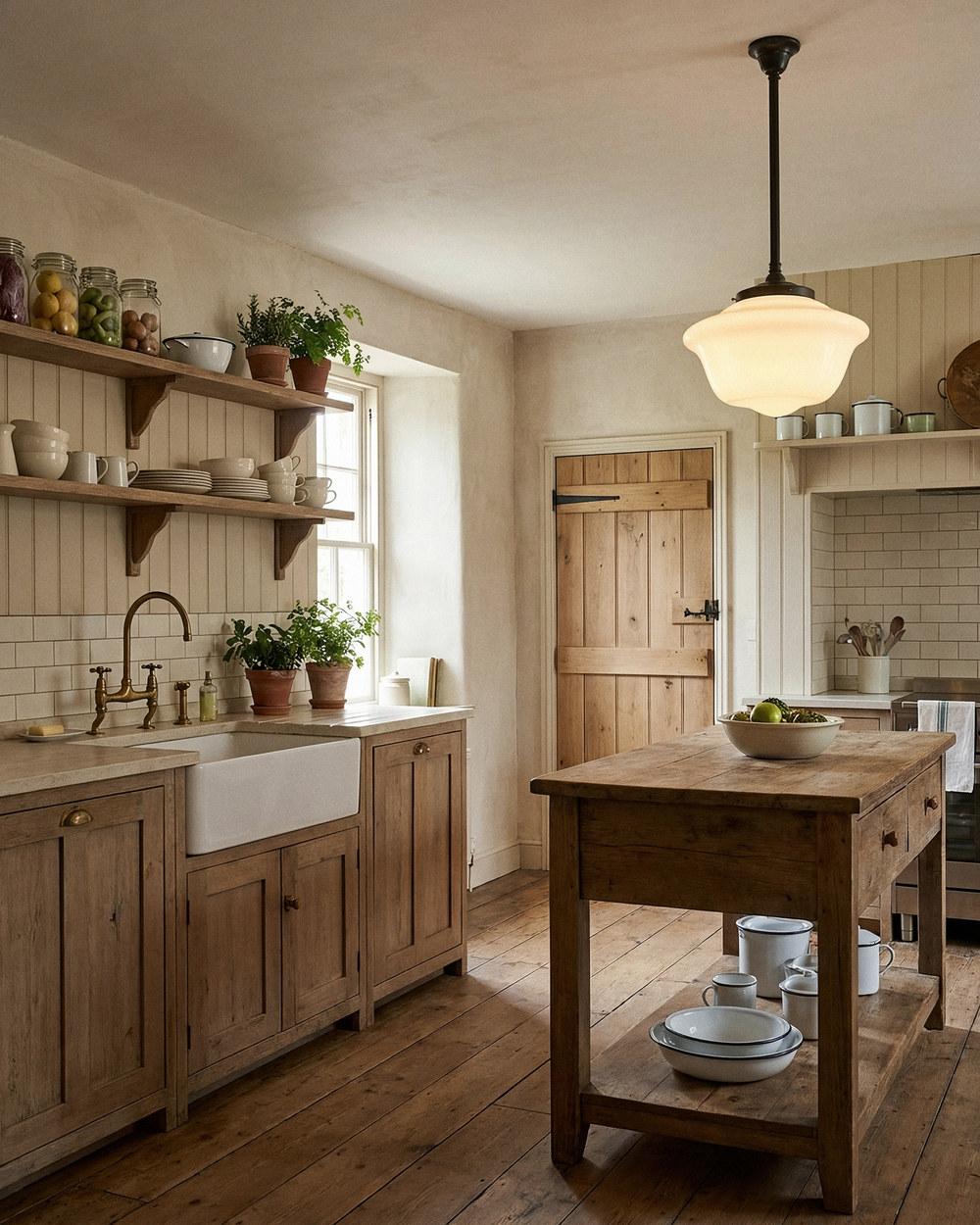 Victorian opal schoolhouse pendant in a period kitchen