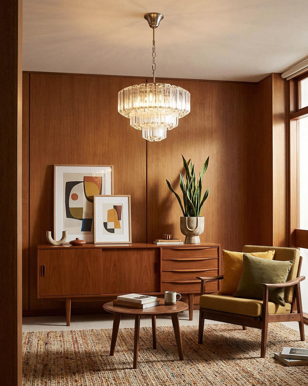Calista mid-century-inspired tiered chandelier in brushed nickel in a walnut-panelled living room
