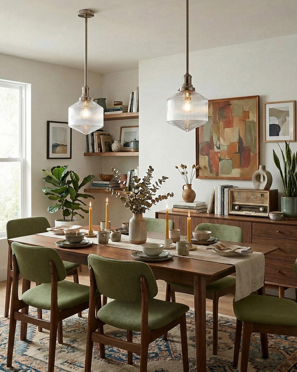 Jefferson clear glass rod pendants over a mid-century dining table