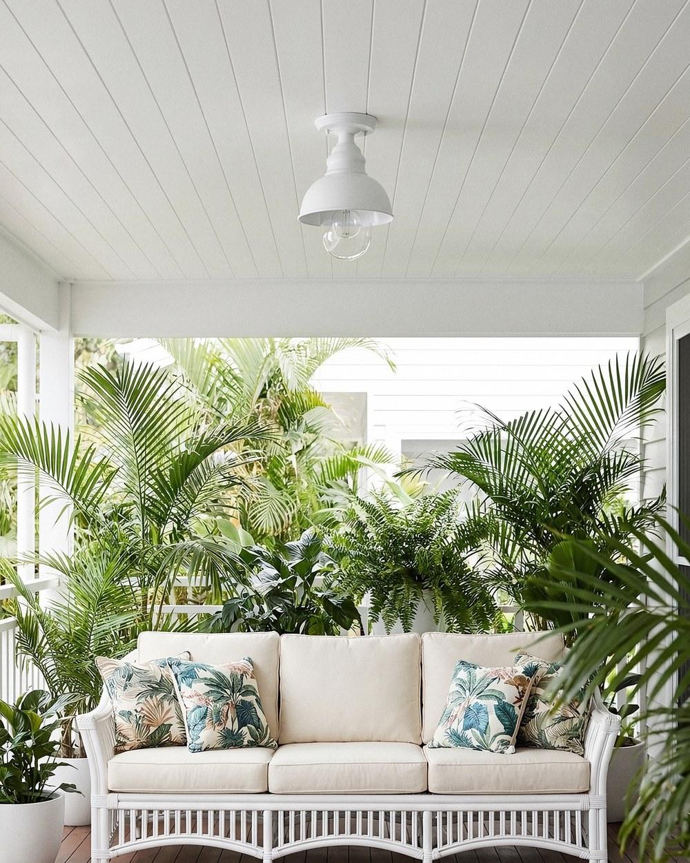Outdoor under eave light on a coastal Hamptons style porch with palms and white cane seating