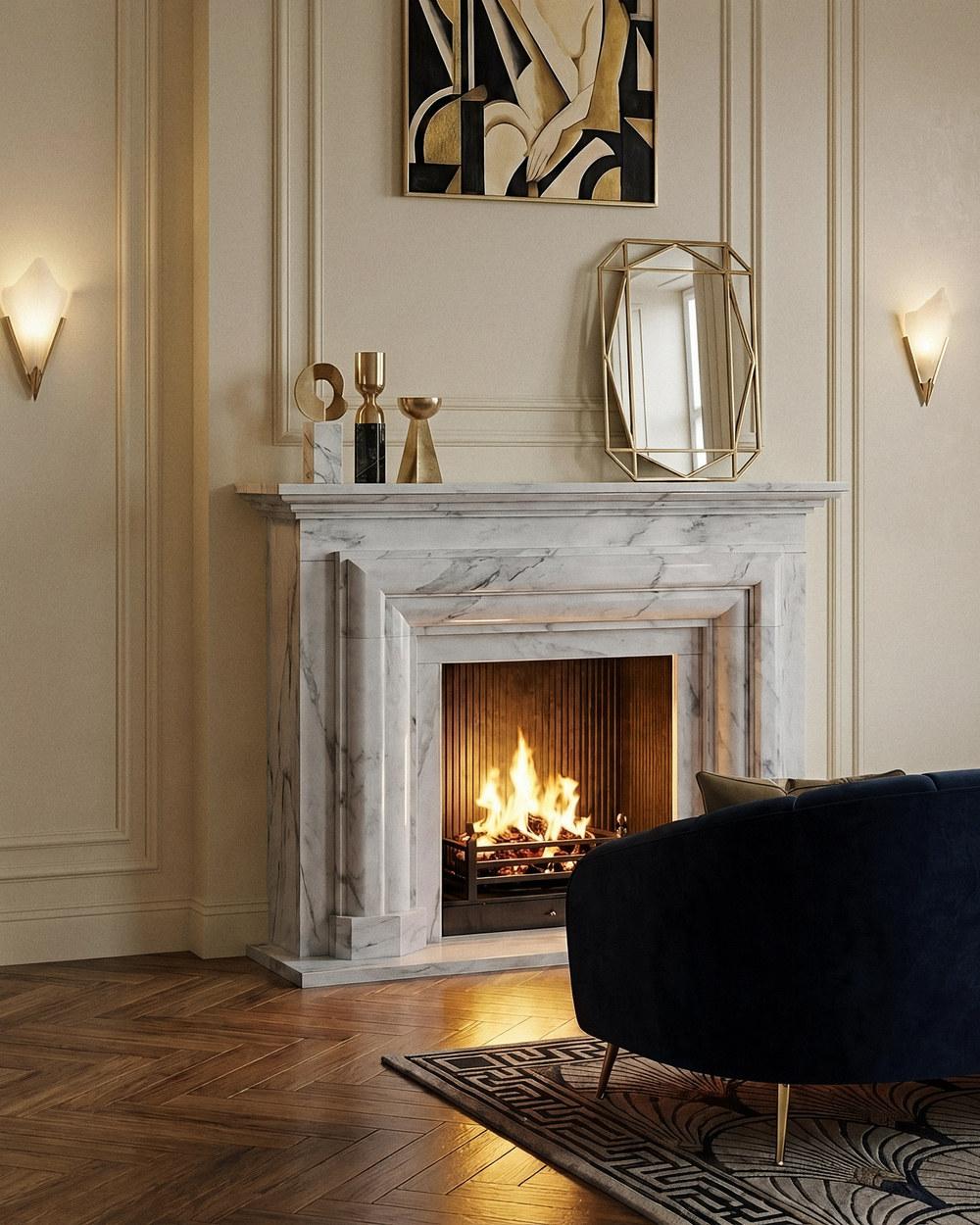 A pair of Art Deco fan wall sconces in polished brass flanking a marble fireplace