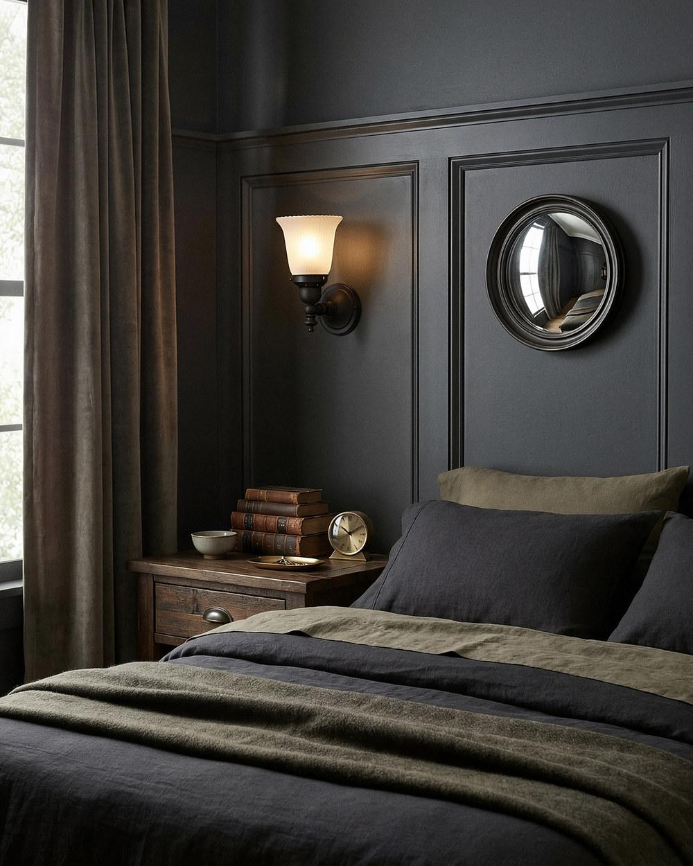 Koscina wall light with frosted glass shade in patina in a bedroom
