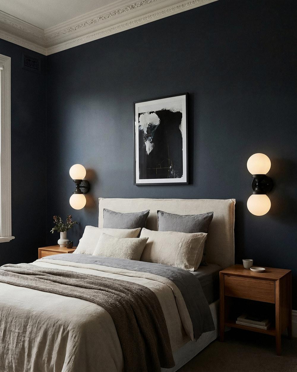 A pair of Weston twin-globe wall lights in matte black flanking a bed