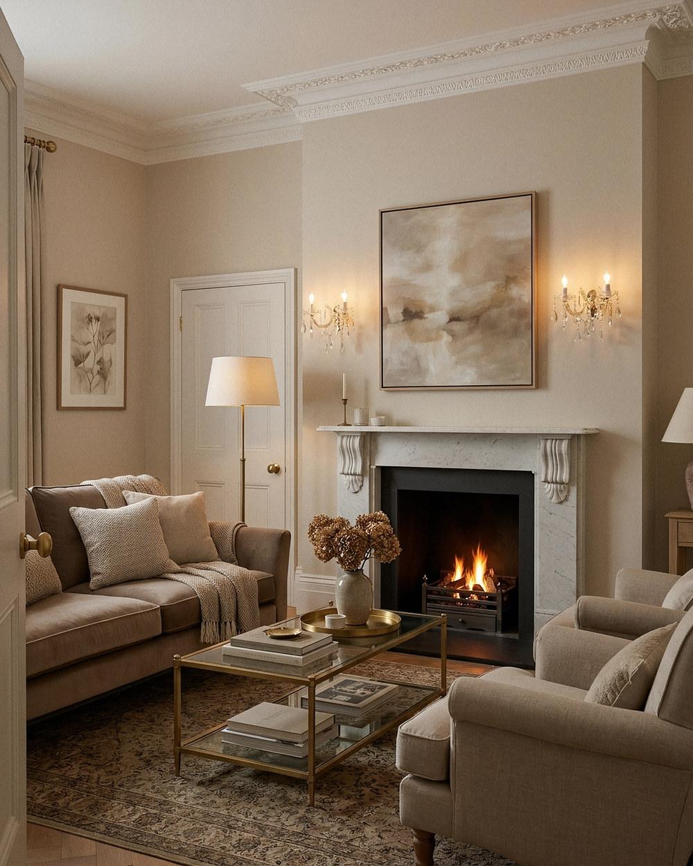 A pair of Zurich crystal glass wall lights in gold flanking artwork above a fireplace